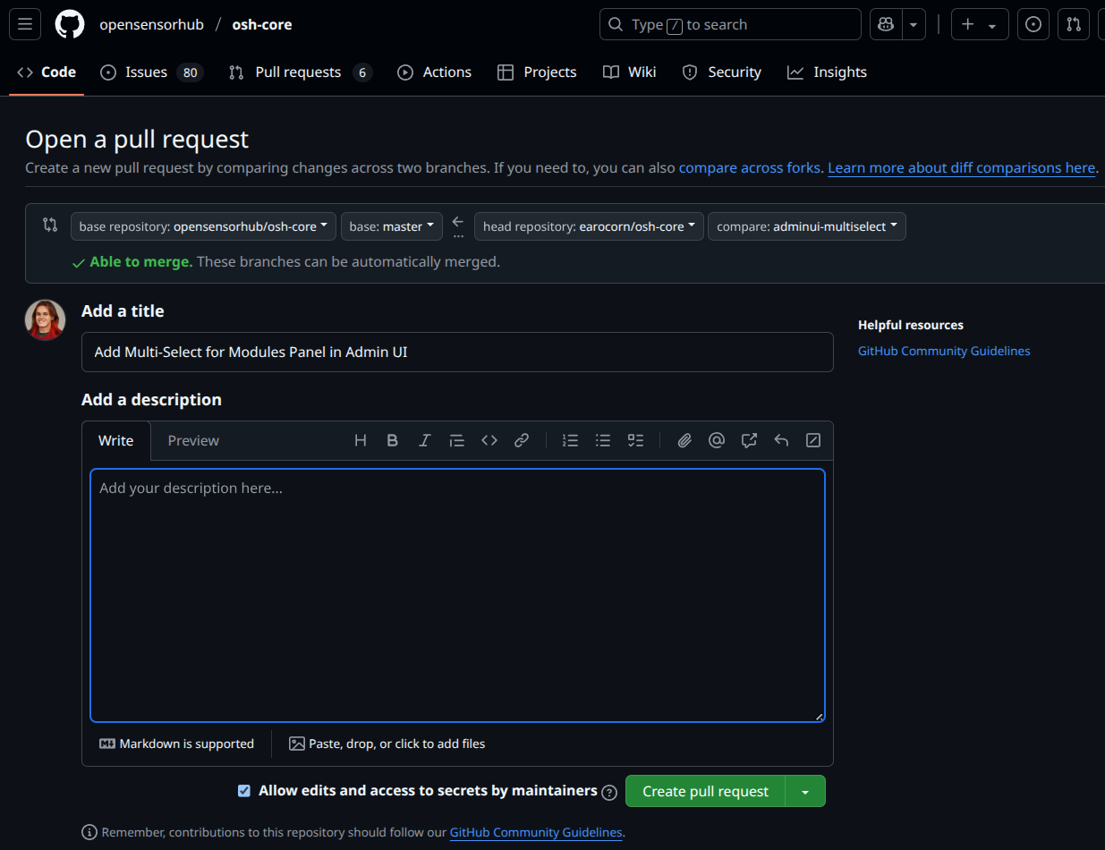 &quot;Open a pull request&quot; page on GitHub